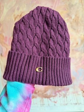 Coach Plum Cable Knit Beanie with Gold 'C' Logo